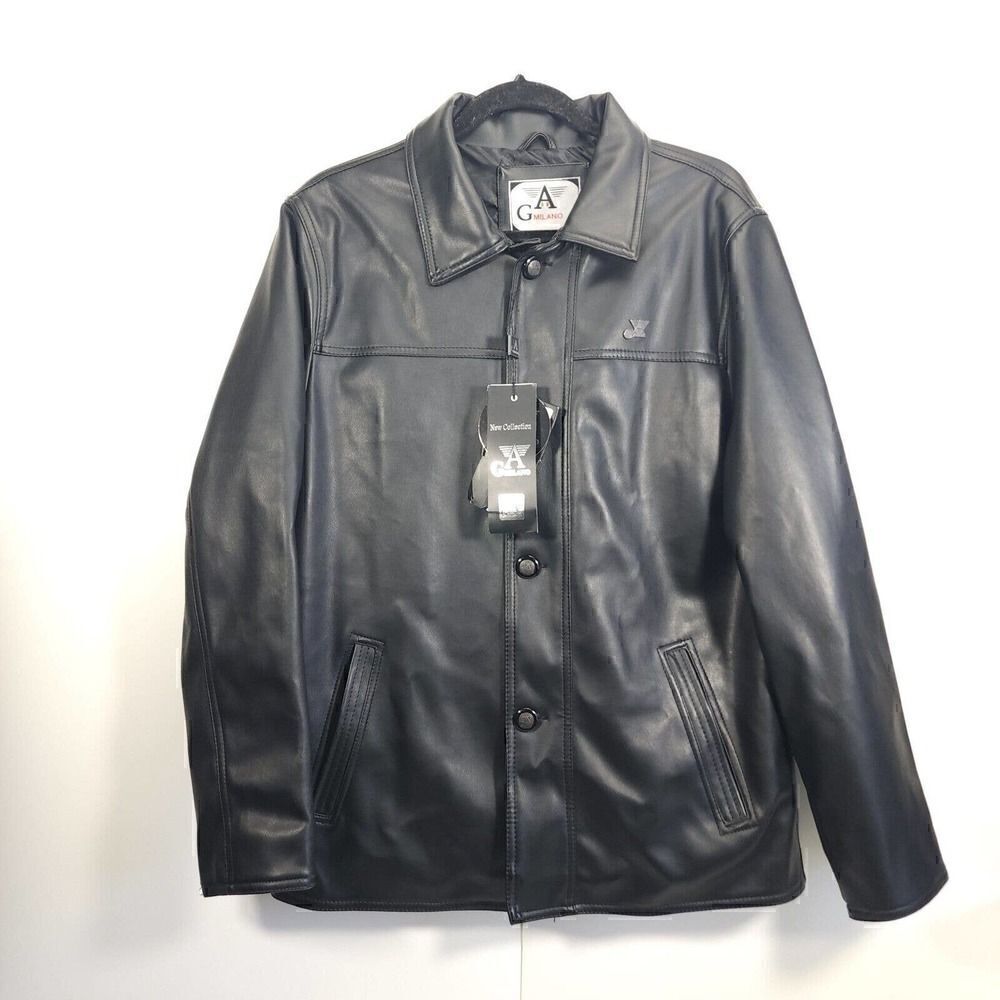 G.A Milano Italy Men's Medium FauxLeather Button Up Black Trench Blazer Jacket